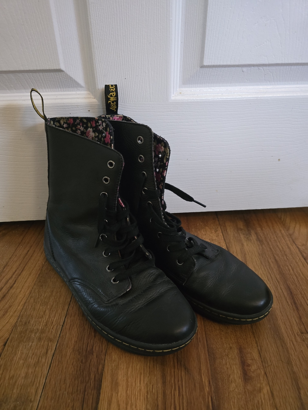 Dr. Martens Black Lace-Up Boots with Floral Lining